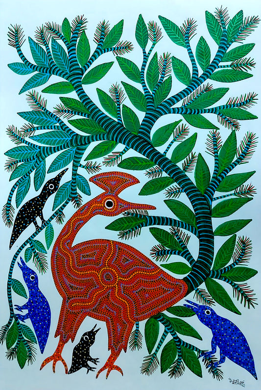 Peacock with tree and birds