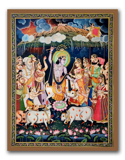 Krishna lifts mountain Govardhan