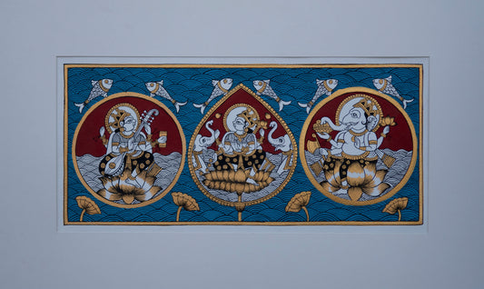Reverent portrait of Goddess Laxmi, Saraswati and Lord Ganesha