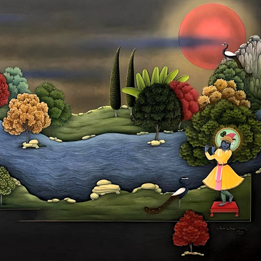 Krishna Playing Flute on River Bank in an Autumn Evening