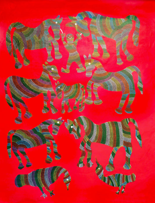 Group of horses and birds